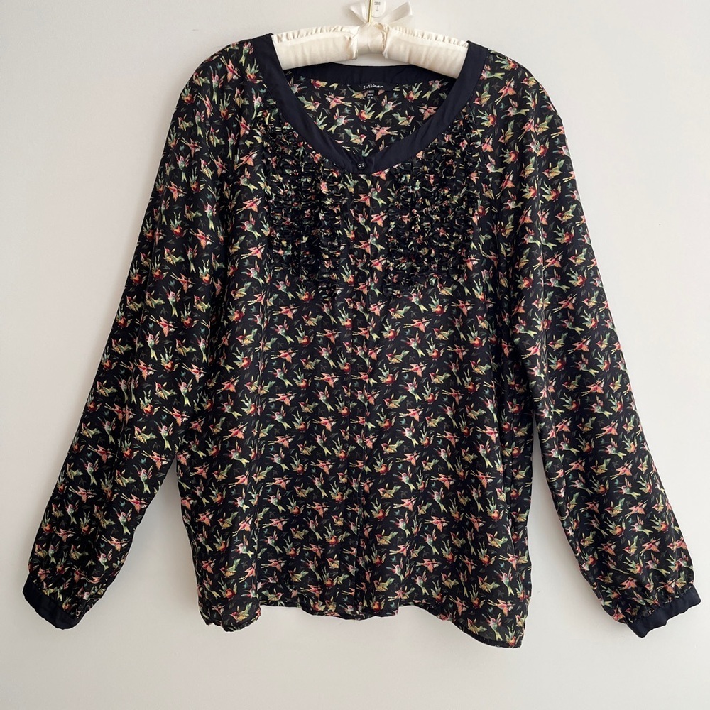 INWEAR 100% Silk Lotikka Blouse Button Front Scoop Neck Bird Pattern Tux Ruffle